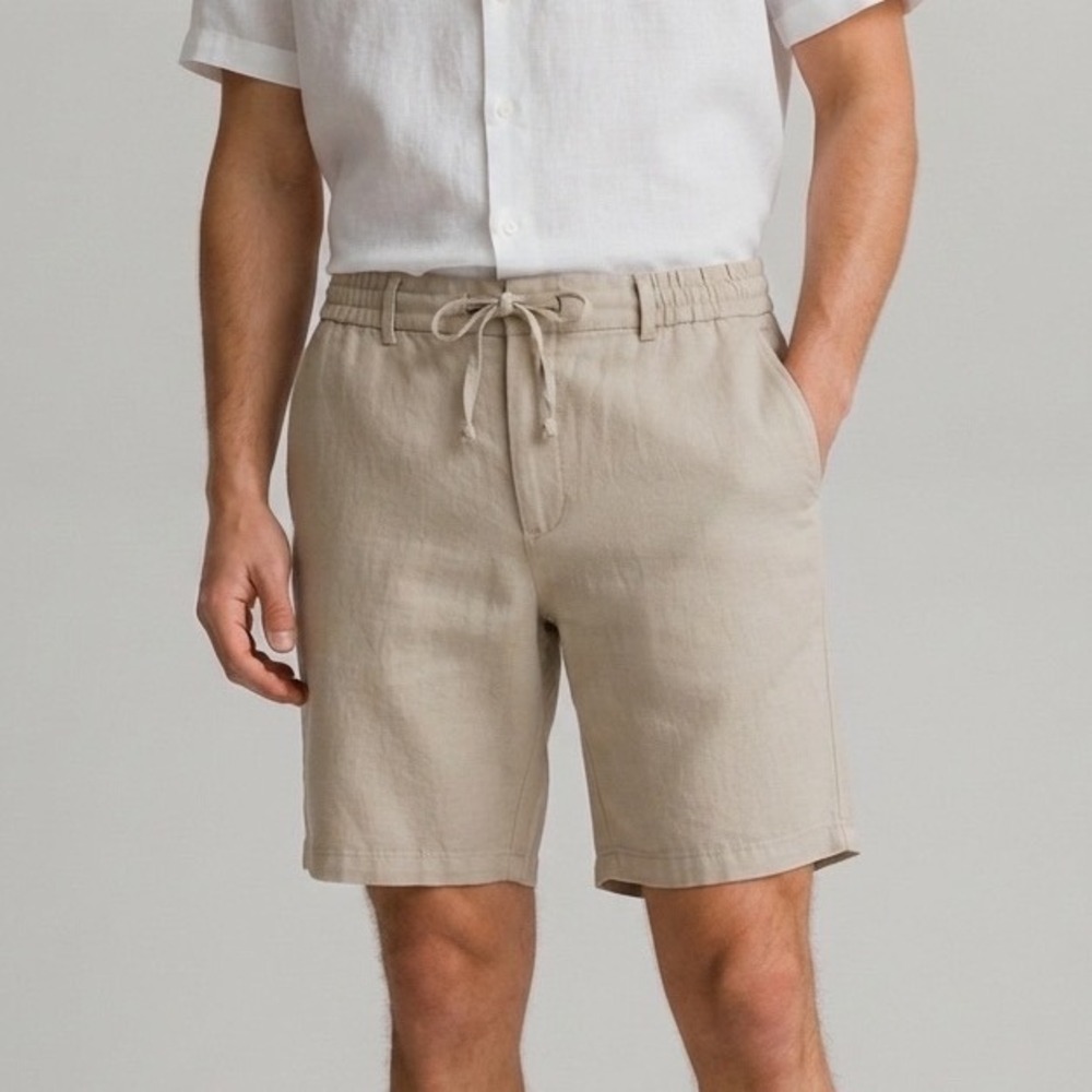 Vince Mens Linen Cotton Blend Drawstring Pull On Shorts Tan Beige Size L